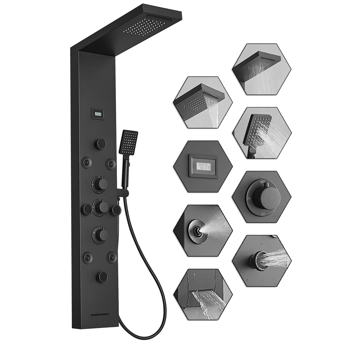 Dual 6-in-One 8-Jet Shower Panel Tower System With Rainfall Waterfall Shower Head,and Massage Body Jets in Matte Black