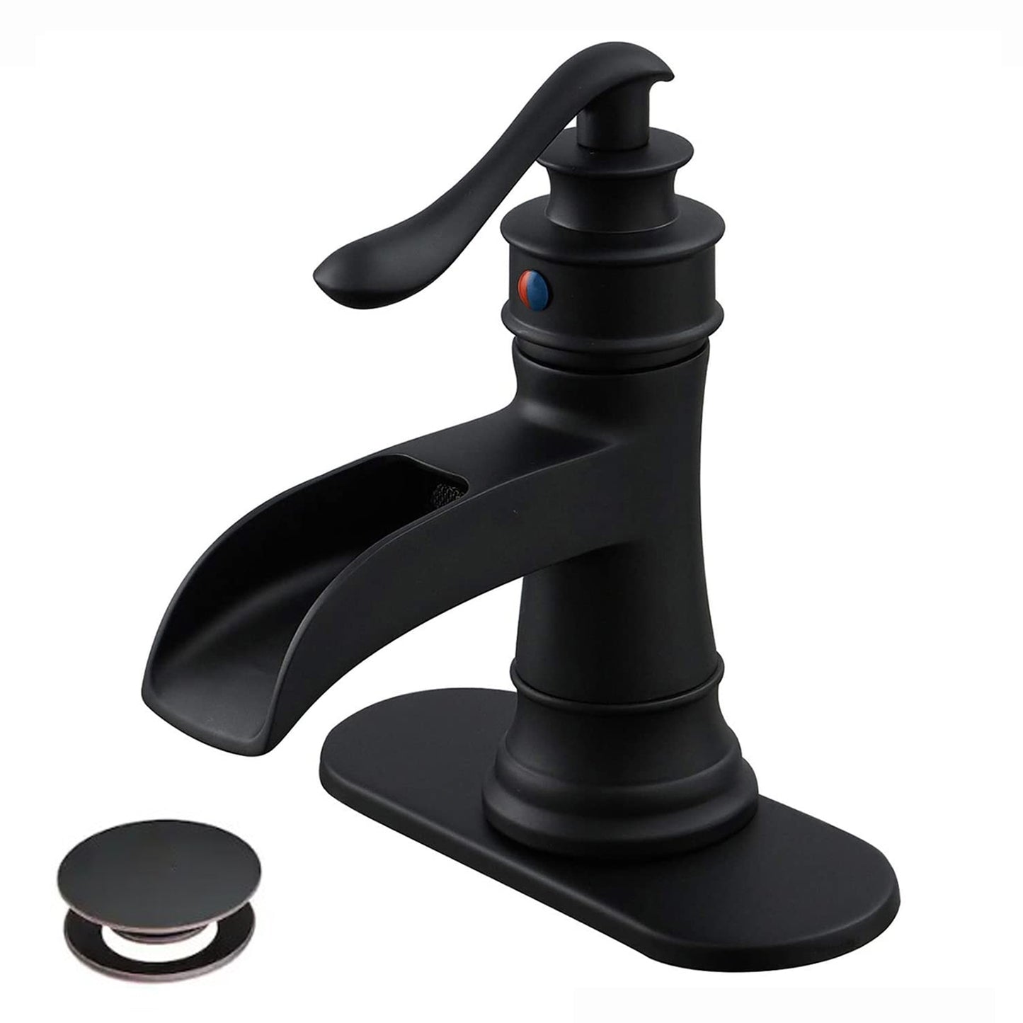 Waterfall Single Handle Single Hole Bathroom Sink Faucet with Pop-Up Drain Assembly Kit and Deckplate Included in Black