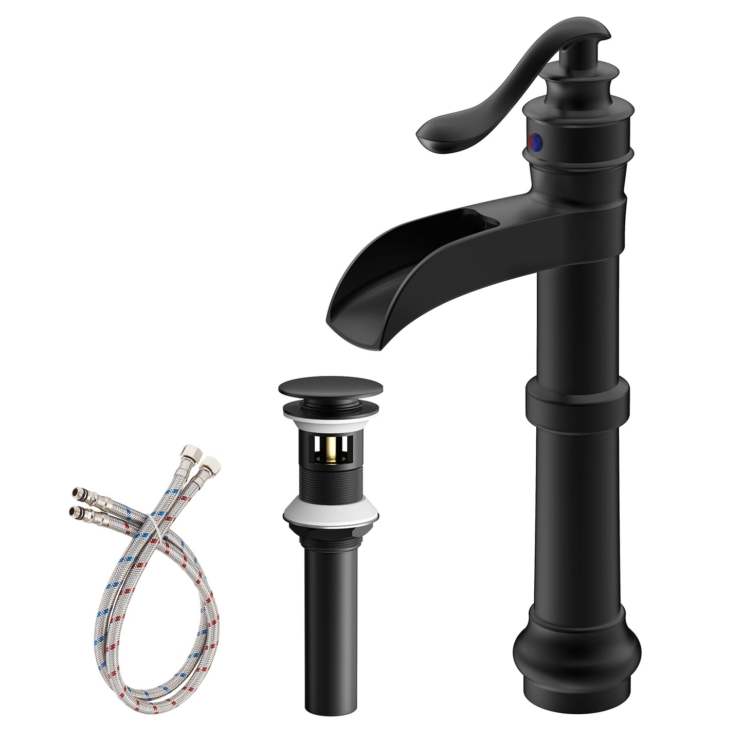 Single Handle Waterfall Vessel Sink Faucet with Drain Kit Included in Matte Black