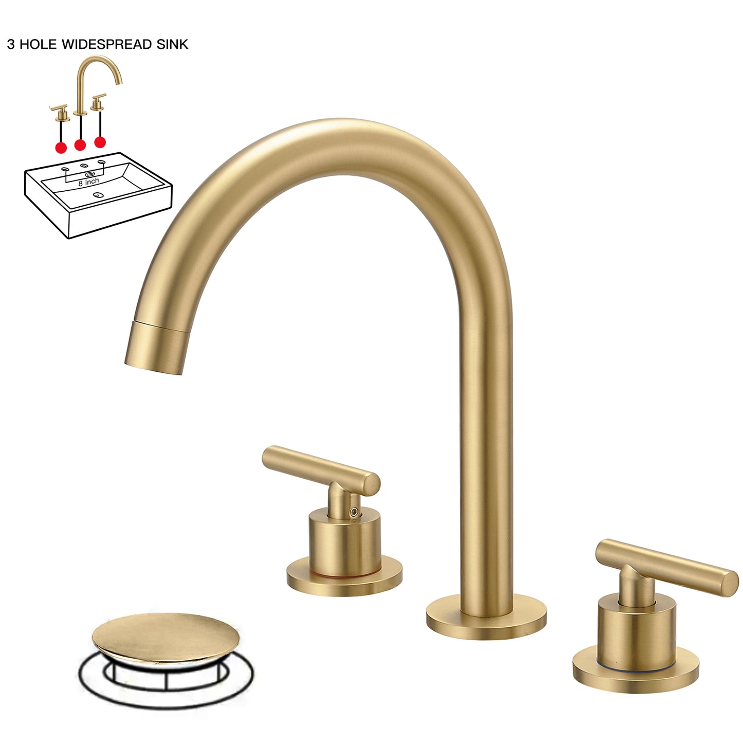 8 in. Widespread Double Handle High-Arc Bathroom Faucet Water-Saving with Drain Kit in Brushed Gold