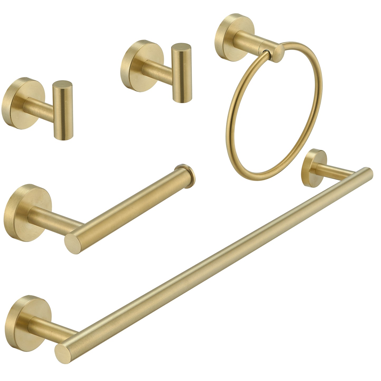 Bathroom Hardware 5-Piece Bath Hardware Set with Towel Bar, Towel Ring, Robe Hook, Toilet Paper Holder in Brushed Gold