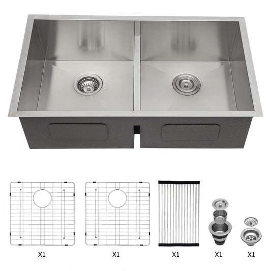 HOMEMYSTIQUE Undermount 36-in x 19-in Stainless steel Double equal bowl 16 -Gauge Kitchen Sink