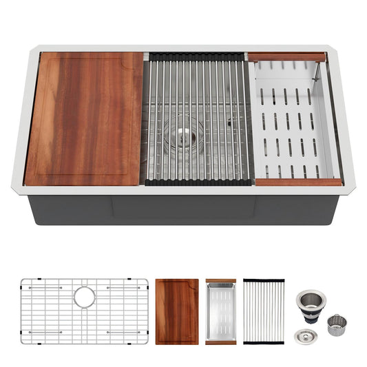 HOMEMYSTIQUE Undermount 30-in x 19-in Stainless steel Single bowl 16 -Gauge Workstation Kitchen Sink with Drainboard