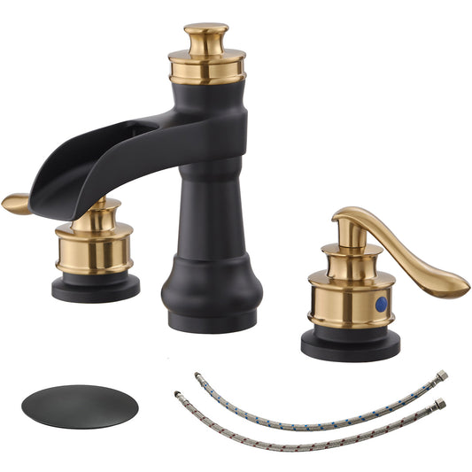 8 in. Widespread Double Handle Bathroom Faucet with Drain Kit Included in Gold Black