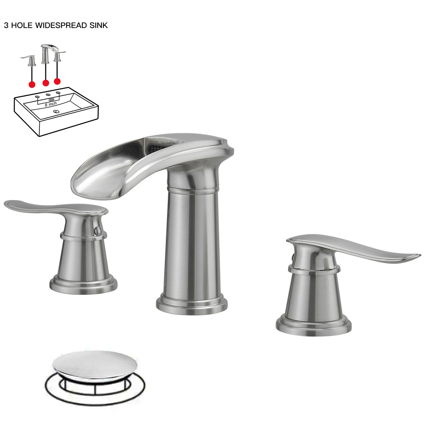 8 in. Widespread Double Handle Bathroom Faucet with Drain Kit Included in Brushed Nickel