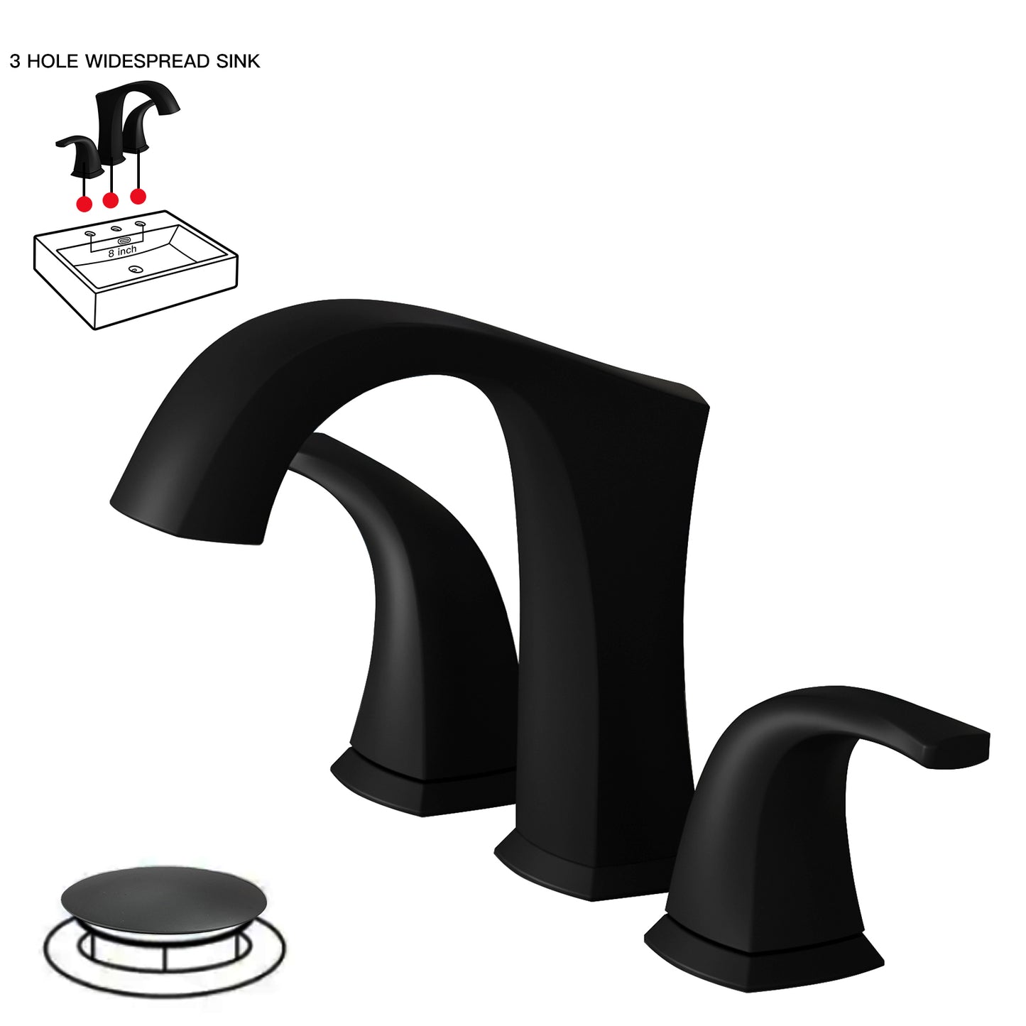 8 in. Widespread Double Handle Bathroom Faucet with Drain Kit Included in Matte Black