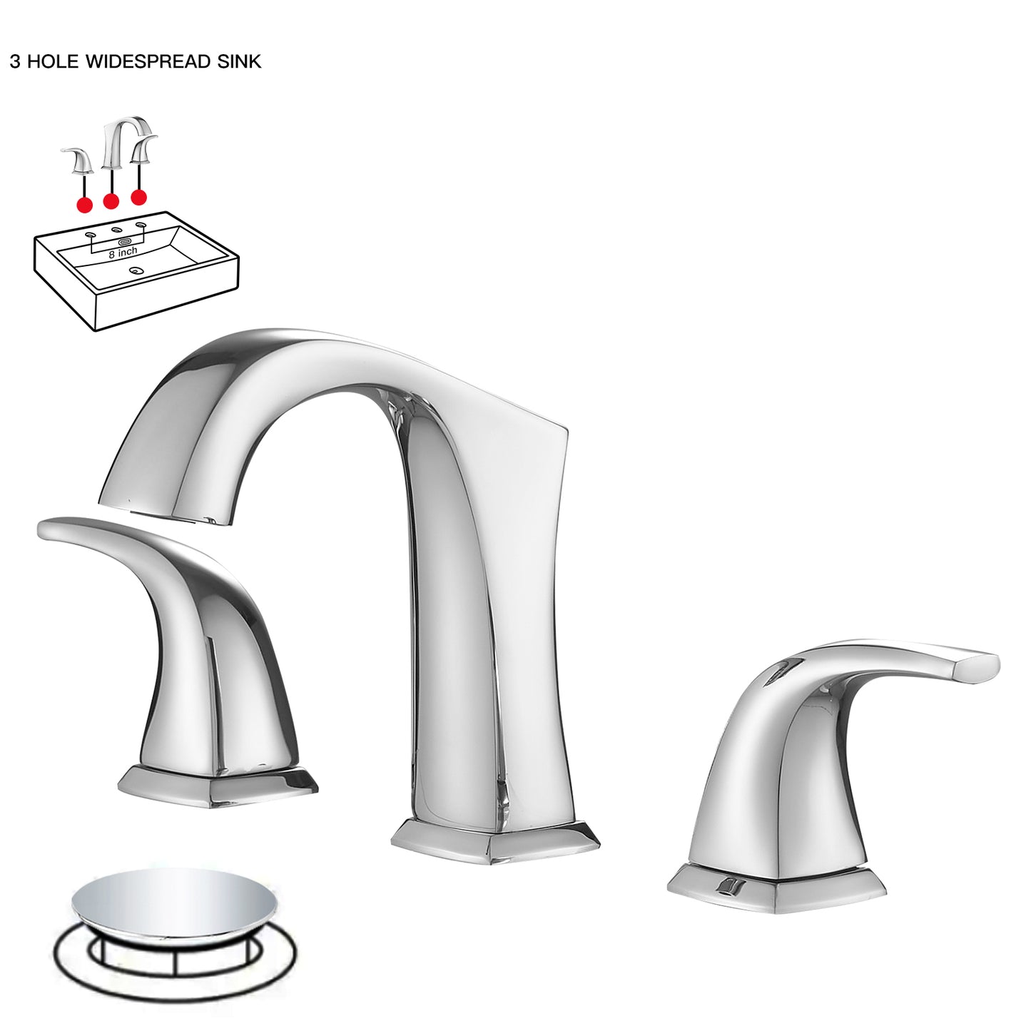 8 in. Widespread Double Handle Bathroom Faucet with Drain Kit Included in Polished Chrome