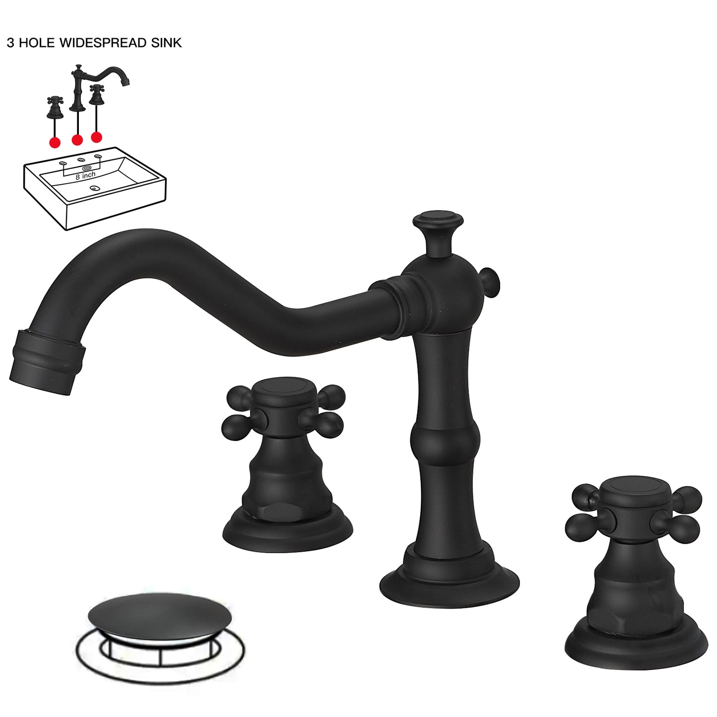 8 in. Widespread Double Handle 3-Hole Bathroom Faucet with Drain Kit and CUPC Water Supply Lines in Matte Black