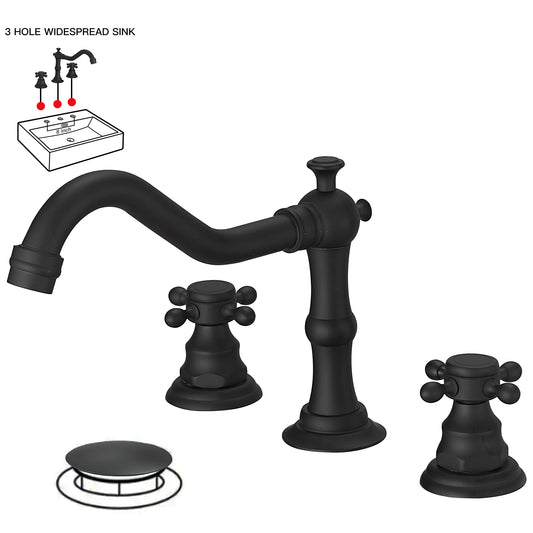 8 in. Widespread Double Handle 3-Hole Bathroom Faucet with Drain Kit and CUPC Water Supply Lines in Matte Black