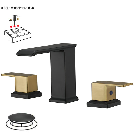 8 in. Widespread Double Handle Bathroom Faucet with Drain Kit Included in Black Gold