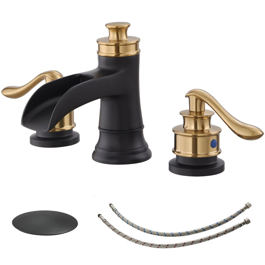 8 in. Widespread Double Handle Bathroom Faucet with Drain Kit Included in Gold Black