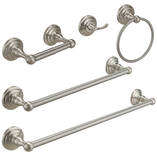 5-Piece Bath Hardware with Towel Bar Towel Hook Toilet Paper Holder and Towel Ring Set in Brushed Nickel