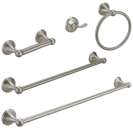 5-Piece Bath Hardware Set with Towel Bar Towel Hook Toilet Paper Holder and Towel Ring Set in Brushed Nickel