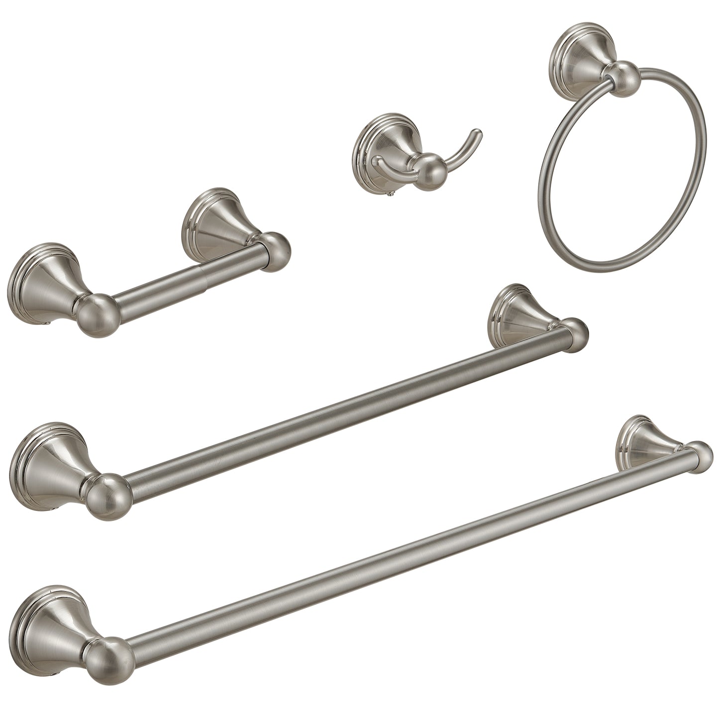 5-Piece Bath Hardware with Towel Bar Towel Hook Toilet Paper Holder and Towel Ring Set in Brushed Nickel