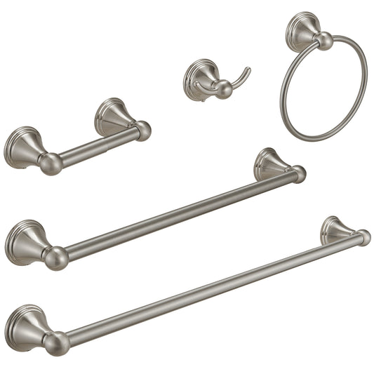 5-Piece Bath Hardware with Towel Bar Towel Hook Toilet Paper Holder and Towel Ring Set in Brushed Nickel
