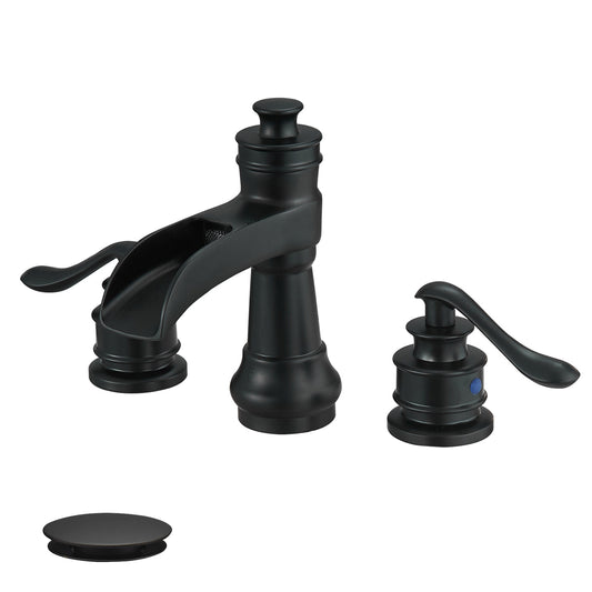 8 in. Widespread Double-Handle Waterfall Spout Bathroom Faucet with Pop-Up Drain Low-Arc in Matte Black (Valve Included)