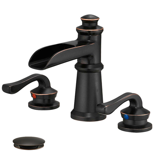 8 in. Widespread Double-Handle Bathroom Waterfall Brass Low-Arc Sink Faucet with Pop-Up Drain in Oil Rubbed Bronze