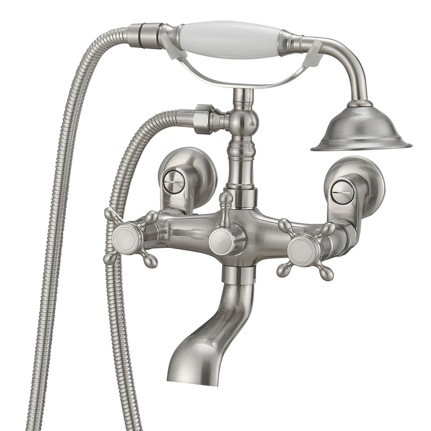 3-Handle Claw Foot Freestanding Tub Faucet with Telephone Hand Shower in Brushed Nickel