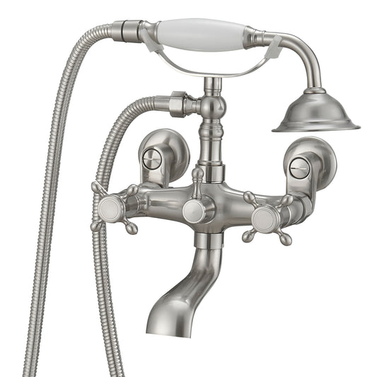 3-Handle Claw Foot Freestanding Tub Faucet with Telephone Hand Shower in Brushed Nickel