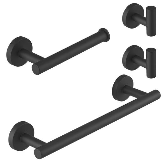 Bathroom Hardware 4-Piece Bath Hardware Set with Towel Bar, Robe Hook, Toilet Paper Holder in Matte Black