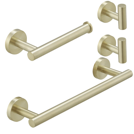 Bathroom Hardware 4-Piece Bath Hardware Set with Towel Bar, Robe Hook, Toilet Paper Holder in Brushed Gold