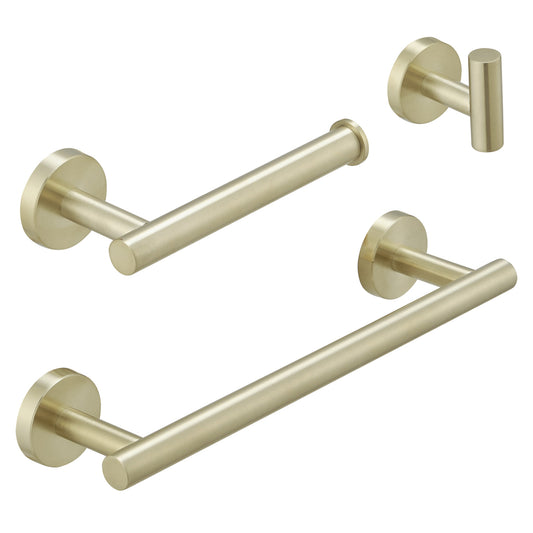 Bathroom Hardware 3-Piece Bath Hardware Set with Towel Bar, Robe Hook, Toilet Paper Holder in Brushed Gold