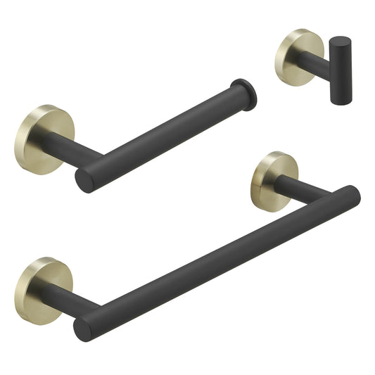 Bathroom Hardware 3-Piece Bath Hardware Set with Towel Bar, Robe Hook, Toilet Paper Holder in Black and Gold