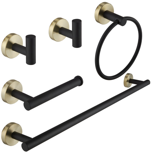 Bathroom Hardware Set 5-Piece Bath Hardware Set with Towel Bar, Towel Ring, Robe Hook, Toilet Paper Holder in Black Gold