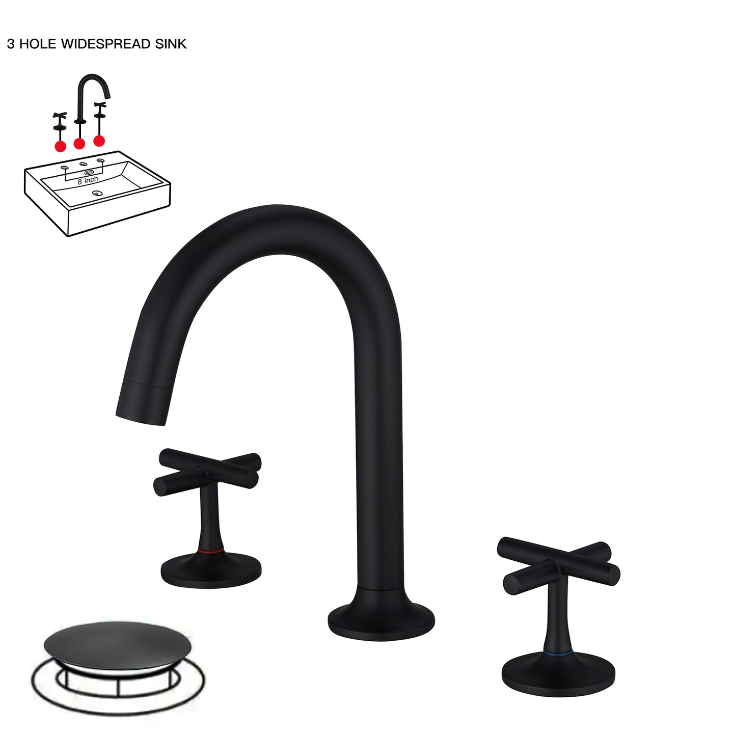 8 in. Widespread Double Handle Bathroom Faucet with Drain Kit Included and Corrosion Resistant in Matte Black
