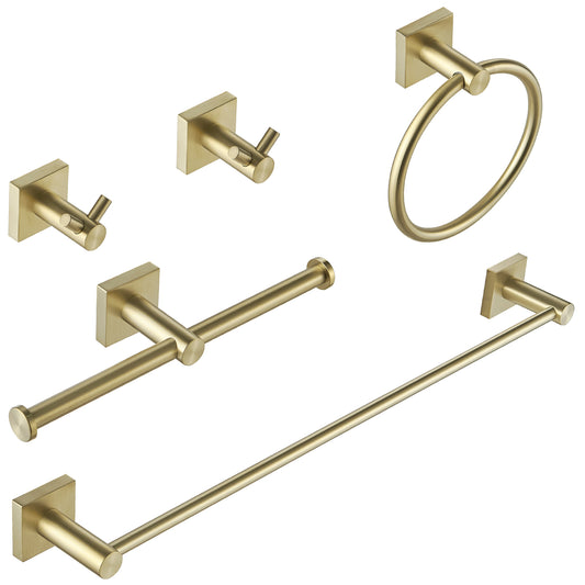 5-Piece Bath Hardware Set with Towel Bar Towel Ring Towel Hook Toilet Paper Holder in Brushed Gold