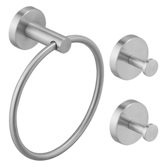3-Piece Bath Hardware Set withTowel Ring and 2-Piece Towel Hooks andMountingHardware Wall Mount Modern in Brushed Nickel