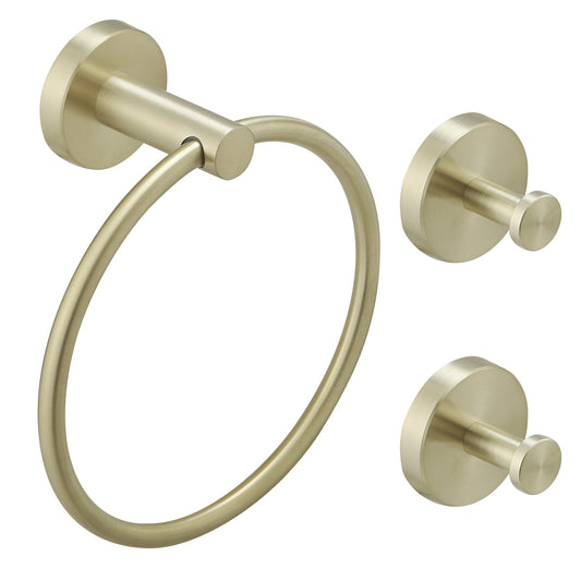 3-Piece Bath Hardware Set Towel Ring and 2-Pieces Towel Hooks and Mounting Hardware Wall Mount Modern in Brushed Gold