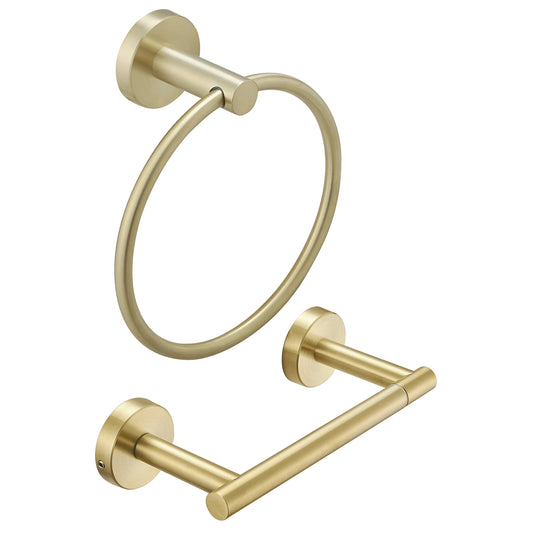 2-Piece Bath Hardware Set with Towel Ring Bathroom Towel Bar/Rack Toilet Paper Holder Included in Brushed Gold