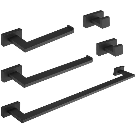 5-Piece Bath Hardware Set with Double Hooks Towel Ring Toilet Paper Holder and 24 in. Towel Bar in Matte Black